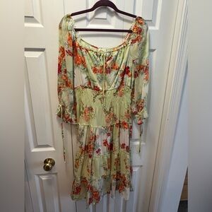 Beautiful Light Green Floral Long Sleeve Midi Dress
